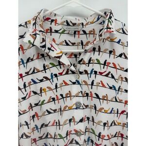 John Mark Women's XS‎ White Bird Print Tassel Button Down Shirt Tunic
